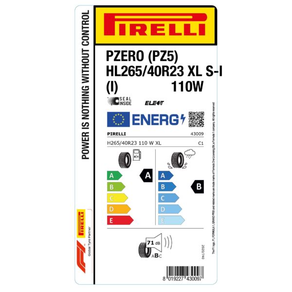 Eвроэтикетка шины HL 265/40 R23 110W XL Seal Inside Elect P Zero (PZ5) (I) Pirelli