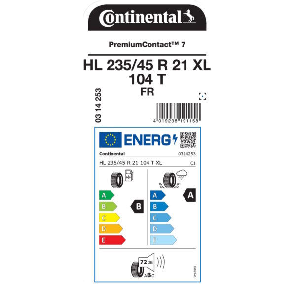 Евроэтикетка шины HL 235 45 R21 104T XL FR PremiumContact 7 Continental 0314253
