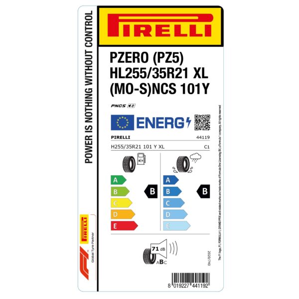 Евроэтикетка шины HL 255/35 R21 101Y XL PNCS P Zero (PZ5) MO-S Pirelli